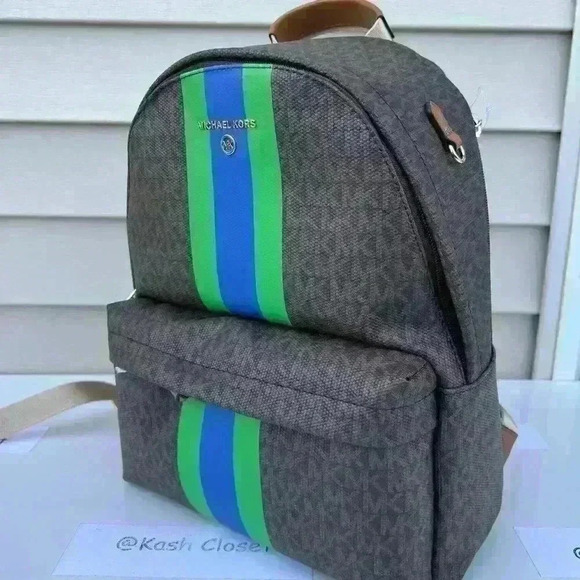 Michael Kors Backpack Medium Stripe Signature Logo Palm Green - Picture 3 of 11